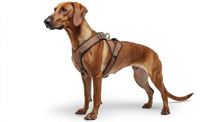 Brown dog standing in a harness, side view, on white background, with shadow