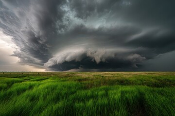 A dramatic supercell storm over a green, grassy field