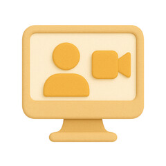 3D monitor icon showing video call interface with user avatar. Great for virtual meetings, online communication, and webinar visuals