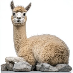 Obraz premium Lying alpaca poses in studio on rocks, looking at camera on white background