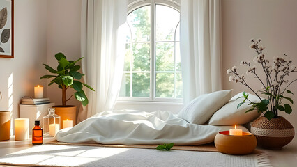 A sleeping place for rest and relaxation with plants, dried flowers and scented candles.
