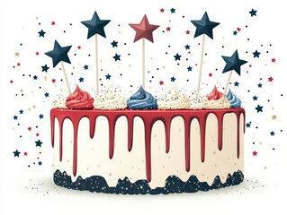Festive American-themed cake, decorated with stars and dripping frosting