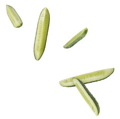 Fresh raw cucumber  falling in the air isolated on white background. Food levitation or zero gravity conception
