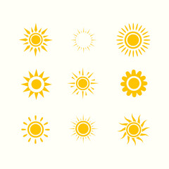 Nine Yellow Sun Icons Summer, Bright, Sunny, Hot, Day, Energy, Design, Symbol, Rays, Graphic