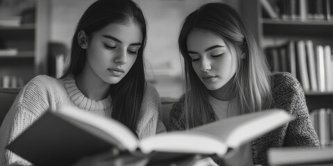 Two young women engrossed in reading books at a library.