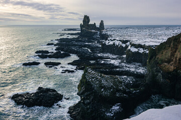 View of Londrangar in winter at Snæfellsnes peninsula (Iceland)