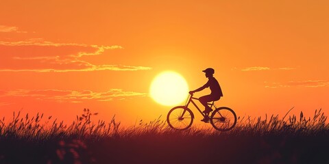 Obraz premium Silhouette of cyclist riding bicycle at sunset, wearing a safety helmet on path through grassy field.