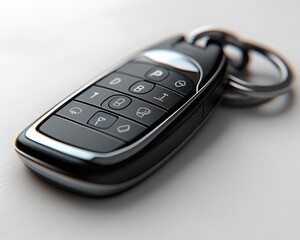 Modern car key fob.  Close-up of a sleek, black key fob with silver accents, featuring numerous buttons for various vehicle functions