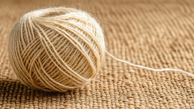 Natural twine ball on burlap fabric creates a rustic crafting atmosphere