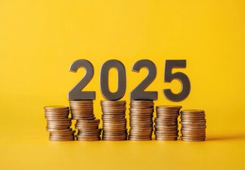 Minimalist - style photo of the text "2025" formed by stacks of coins on a yellow background