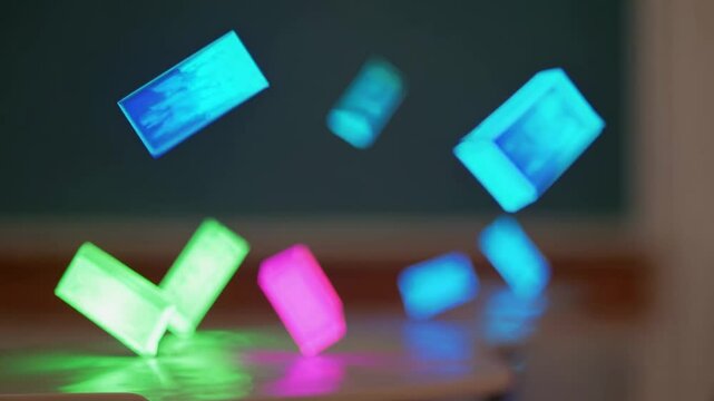 Glowing colorful erasers floating in the air, playful Back to school concept