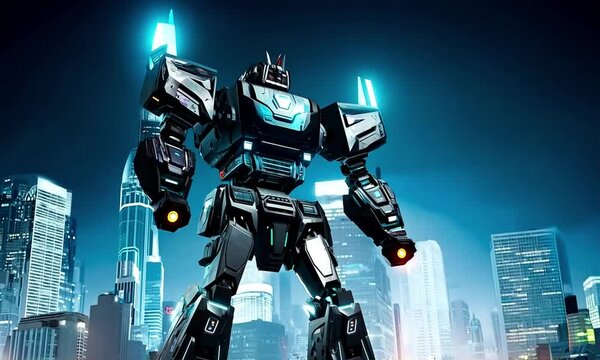 A giant futuristic robot stands tall in the heart of a neon-lit city, exuding power and technology amidst skyscrapers and glowing lights, ready for battle or defense.

