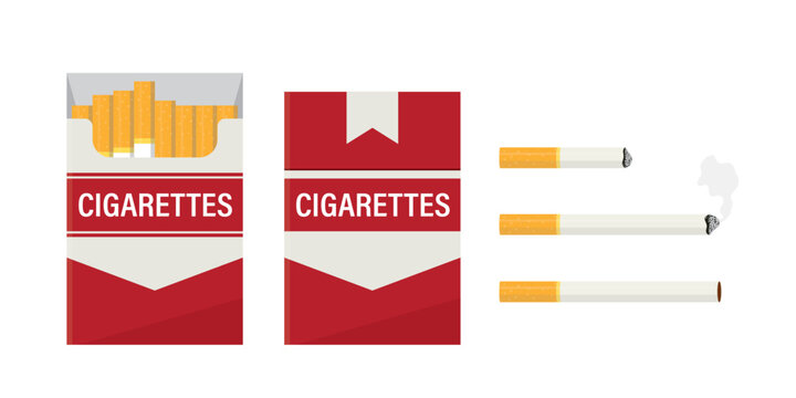 Opened and closed cigarette pack. Bad addiction, tobacco and nicotine product. Cigarette, butt. Smoking kills, unhealthy lifestyle. Red and white pack, mockup. No smoking.