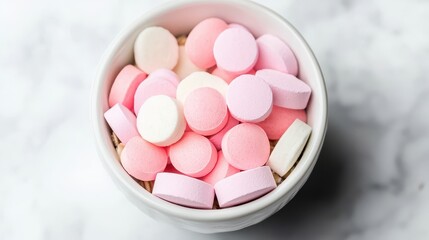 Obraz premium A white bowl filled with pastel pink, white, and purple round candies on a marble surface.