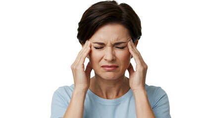 Woman with short brown hair holding her temples and frowning against a white background in studio shot