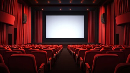 Fototapeta premium Cinema auditorium with red seats and large screen