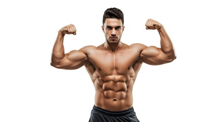 Muscular man flexing biceps and abs against a white background in a fitness demonstration pose