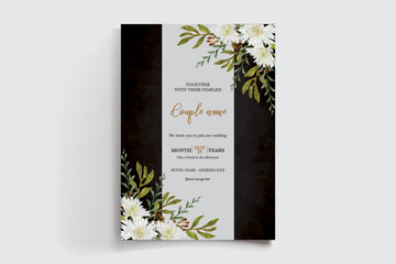 WEDDING INVITATION FRAME WITH FLOWER DECORATIONS AND FRESH LEAVES