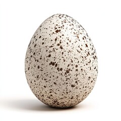 A speckled bird egg stands tall against white.  Detailed speckled pattern covers the entire shell