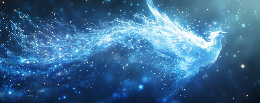 An ethereal, glowing, blue celestial bird soars through a cosmic expanse, radiating mystical energy, creating a majestic spectacle