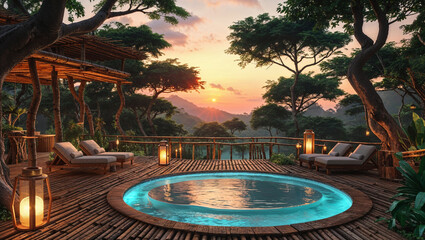 Naklejka premium Luxurious outdoor tropical spa with pool deck loungers and stunning sunset view