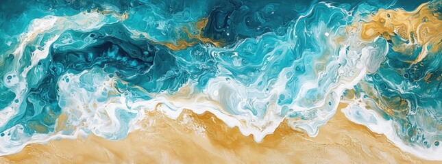 Aerial view of ocean waves crashing on golden sand with abstract colorful pattern, fluid art style 