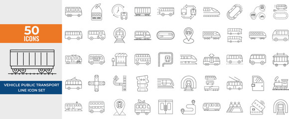 Public Transport Line Icon Set – Vector Pictograms of Metro, Tram, Monorail, Ferry, Bicycle, Wheelchair Access, Electric Bus – Thin Linear Style