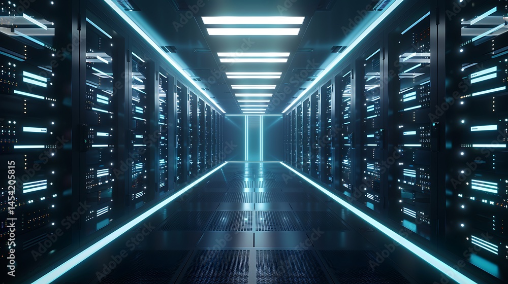 Poster futuristic data center corridor with rows of server racks and glowing blue lights, reflecting on a p