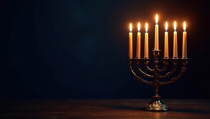 Fototapeta premium Menorah with lit candles against dark background, Religious, Miracle