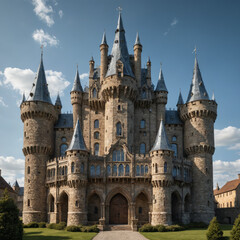 Medieval Castle with Futuristic Glass Towers Surreal Landscape Ancient Stone Fortress Blended with Modern Transparent Skyscrapers Fantasy Hybrid Architecture Unique Structure Combining Historic Castle