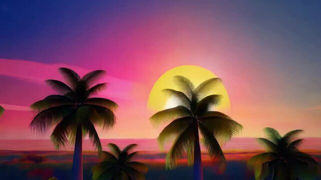 Vaporwave Sunset Animation with Palm Tree Silhouette and Retro Glow &ndash; Seamless Loop for Chill Event Intro in 4K UHD