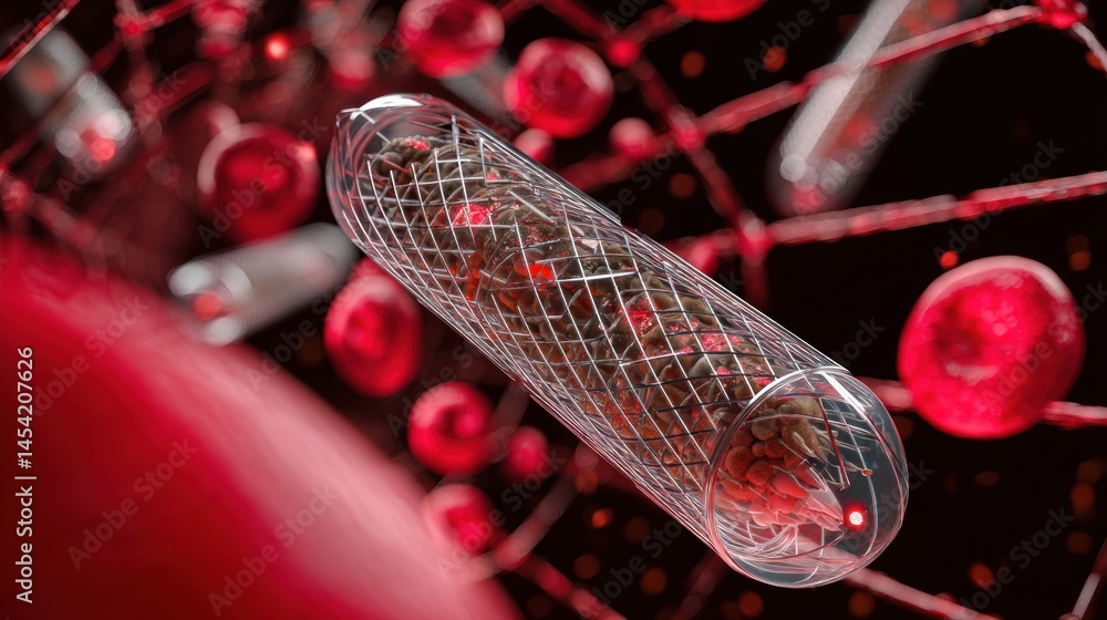 Aufkleber futuristic nanobot capsule traveling through a blood vessel with red blood cells and artificial stru