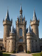 Naklejka premium Medieval Castle with Futuristic Glass Towers Surreal Landscape Ancient Stone Fortress Blended with Modern Transparent Skyscrapers Fantasy Hybrid Architecture Unique Structure Combining Historic Castle