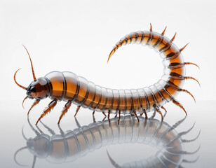  hyper-realistic centipede made of transparent crystal glass, isolated on a pure white background