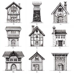 Nine Monochrome House Architectural Drawings Diverse Rooflines and Styles