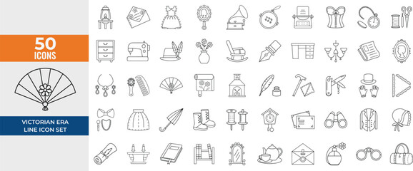 Victorian Era Line Icon Set – 19th Century Vector Illustrations of Antique Items, Fashion, Dress, Corset, Typewriter, Gramophone, Pocket Watch, Tailcoat, Letter with Dried Flowers, Visit Card