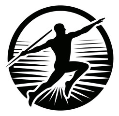 Black silhouette of an athlete throwing javelin on a white background logotype