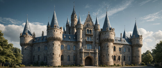 Medieval Castle with Futuristic Glass Towers Surreal Landscape Ancient Stone Fortress Blended with Modern Transparent Skyscrapers Fantasy Hybrid Architecture Unique Structure Combining Historic Castle