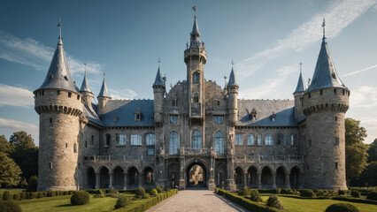 Medieval Castle with Futuristic Glass Towers Surreal Landscape Ancient Stone Fortress Blended with Modern Transparent Skyscrapers Fantasy Hybrid Architecture Unique Structure Combining Historic Castle