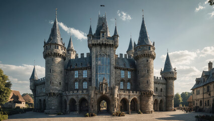 Medieval Castle with Futuristic Glass Towers Surreal Landscape Ancient Stone Fortress Blended with Modern Transparent Skyscrapers Fantasy Hybrid Architecture Unique Structure Combining Historic Castle