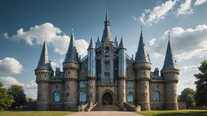 Fototapeta premium Medieval Castle with Futuristic Glass Towers Surreal Landscape Ancient Stone Fortress Blended with Modern Transparent Skyscrapers Fantasy Hybrid Architecture Unique Structure Combining Historic Castle