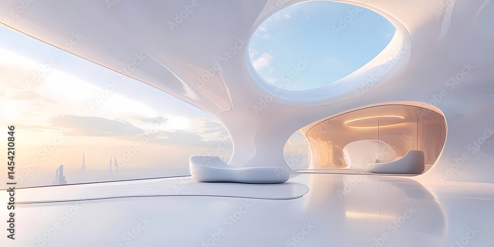 Aufkleber 未来的な白い建築空間と夕焼けの風景 オープンデザインとモダンなインテリア