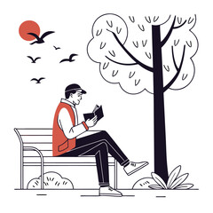 Flat illustration of a man sitting on a park bench reading a book under a tree with birds flying in the background