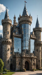 Medieval Castle with Futuristic Glass Towers Surreal Landscape Ancient Stone Fortress Blended with Modern Transparent Skyscrapers Fantasy Hybrid Architecture Unique Structure Combining Historic Castle
