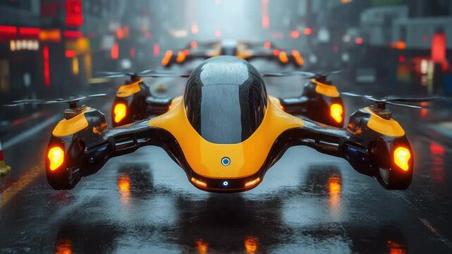 Futuristic drone taxi with city rain.