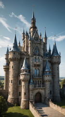 Fototapeta premium Medieval Castle with Futuristic Glass Towers Surreal Landscape Ancient Stone Fortress Blended with Modern Transparent Skyscrapers Fantasy Hybrid Architecture Unique Structure Combining Historic Castle