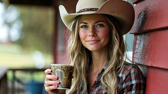 A stylish woman in a cowboy hat enjoying a drink outdoors, embodying a western vibe with a touch of modern flair.