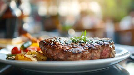 Food photography of fresh grilled steak on a plate with a restaurant blurred background.