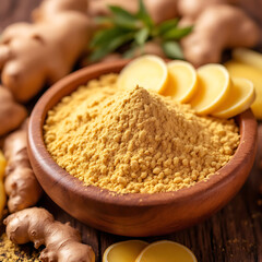 Organic Ground Ginger Powder in Wooden Bowl with Fresh Sliced Root – Natural Spice and Wellness Boost