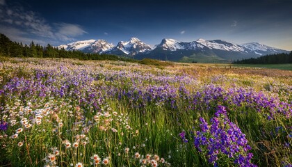 Obraz premium wildflower-covered meadow with distant snow-capped 